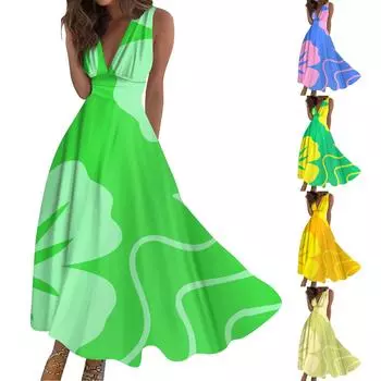 Женское длинное платье Платье макси Повседневное платье Свободное платье Платье трапециевидной формы с цветочным принтом Мода Уличная одежда На открытом воздухе Повседневные с принтом для свиданий Платье без рукавов с V-образным вырезом S зелёный