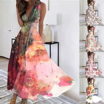 Женское длинное платье Платье макси Повседневное платье Летнее повседневное платье без рукавов с v-образным вырезом в стиле бохо с талией и принтом XXL зелёный