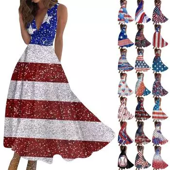 Женское длинное платье Платье макси Повседневное платье Летнее повседневное платье без рукавов с v-образным вырезом в стиле бохо с талией и принтом XXL