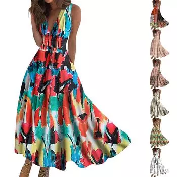 Женское длинное платье Платье макси Повседневное платье Летнее повседневное платье без рукавов с v-образным вырезом в стиле бохо с талией и принтом XXXL