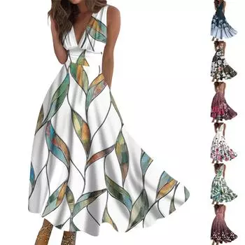 Женское длинное платье Платье макси Повседневное платье Летнее повседневное платье без рукавов с v-образным вырезом в стиле бохо с талией и принтом XXL