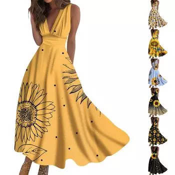 Женское длинное платье Платье макси Повседневное платье Летнее повседневное платье без рукавов с v-образным вырезом в стиле бохо с талией и принтом XXL чёрный