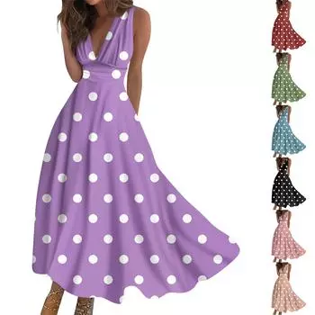 Женское длинное платье Платье макси Повседневное платье Летнее повседневное платье без рукавов с v-образным вырезом в стиле бохо с талией и принтом S розовый