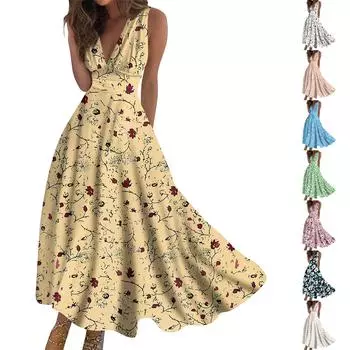 Женское длинное платье Платье макси Повседневное платье Летнее повседневное платье без рукавов с v-образным вырезом в стиле бохо с талией и принтом XXXL