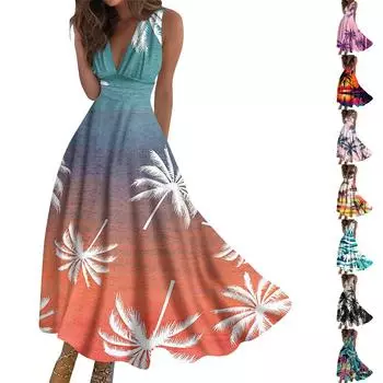 Женское длинное платье Платье макси Повседневное платье Летнее повседневное платье без рукавов с v-образным вырезом в стиле бохо с талией и принтом L чёрный