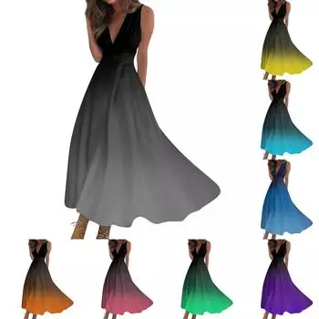 Женское длинное платье Платье макси Повседневное платье Свободное платье Платье трапециевидной формы Модная уличная одежда Платье без рукавов с v-образным вырезом и принтом даты L синий