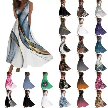 Женское длинное платье Платье макси Повседневное платье Свободное платье Платье трапециевидной формы Модная уличная одежда Платье без рукавов с v-образным вырезом и принтом даты L