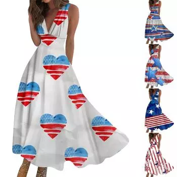 Женское длинное платье Платье макси Повседневное платье Летнее повседневное платье без рукавов с v-образным вырезом в стиле бохо с талией и принтом L синий