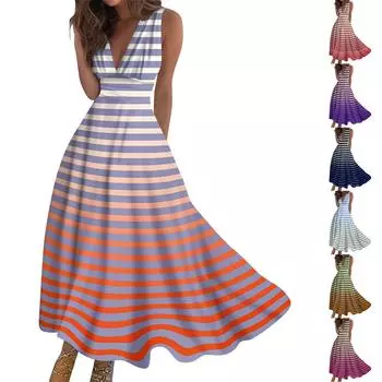 Женское длинное платье Платье макси Повседневное платье Летнее повседневное платье без рукавов с v-образным вырезом в стиле бохо с талией и принтом L темно-синий
