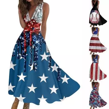 Женское длинное платье Платье макси Повседневное платье Летнее повседневное платье без рукавов с v-образным вырезом в стиле бохо с талией и принтом L чёрный