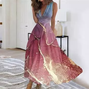 Женское длинное платье Платье макси Повседневное платье Летнее повседневное платье без рукавов с V-образным вырезом в стиле бохо и талией с принтом XXXL