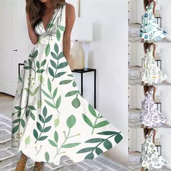 Женское длинное платье Платье макси Повседневное платье Летнее повседневное платье без рукавов с v-образным вырезом в стиле бохо с талией и принтом L циан