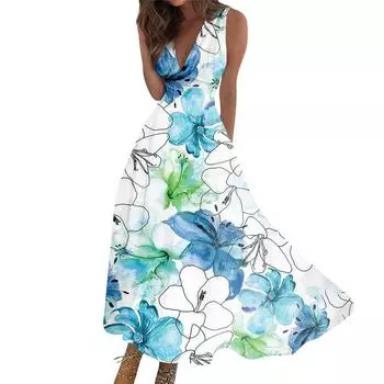 Женское длинное платье Платье макси Повседневное платье Летнее повседневное платье без рукавов с v-образным вырезом в стиле бохо с талией и принтом S синий