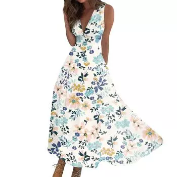 Женское длинное платье Платье макси Повседневное платье Летнее повседневное платье без рукавов с v-образным вырезом в стиле бохо с талией и принтом S