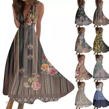 Женское длинное платье Платье Повседневное платье Свободное платье Платье трапециевидной формы с цветочным принтом Мода Уличная одежда На открытом воздухе Повседневные платья с принтом для свиданий Платье без рукавов с V-образным вырезом L чёрный