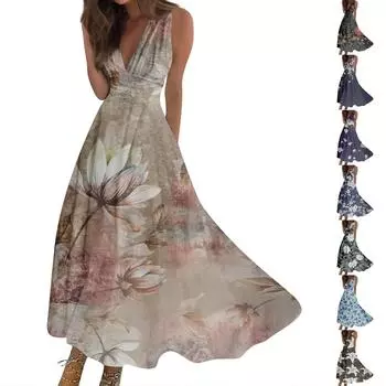 Женское длинное платье Платье Повседневное платье Свободное платье Платье трапециевидной формы с цветочным принтом Мода Уличная одежда На открытом воздухе Повседневные платья с принтом для свиданий Платье без рукавов с V-образным вырезом L синий