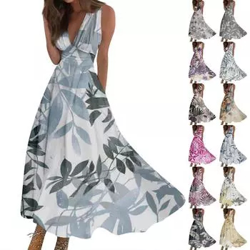 Женское длинное платье Платье Повседневное платье Свободное платье Платье трапециевидной формы с цветочным принтом Мода Уличная одежда На открытом воздухе Повседневные платья с принтом для свиданий Платье без рукавов с V-образным вырезом XXL бежевый
