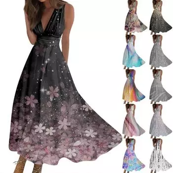 Женское длинное платье Платье Повседневное платье Свободное платье Платье трапециевидной формы с цветочным принтом Мода Уличная одежда На открытом воздухе Повседневные платья с принтом для свиданий Платье без рукавов с V-образным вырезом XXXL