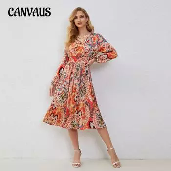 Женское длинное платье Плиссированные платья с V-образным вырезом и длинными рукавами на талии S разноцветный