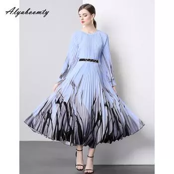 Женское длинное платье размера плюс на весну и осень, элегантное модное платье большого размера с цветочным принтом, женственное плиссированное платье с длинными рукавами и поясом One Size розовый