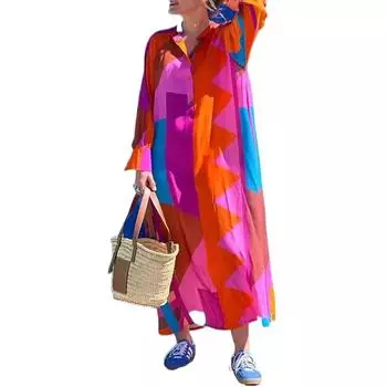 Женское длинное платье-рубашка с длинным рукавом и V-образным вырезом, свободное, с геометрическим принтом L красный