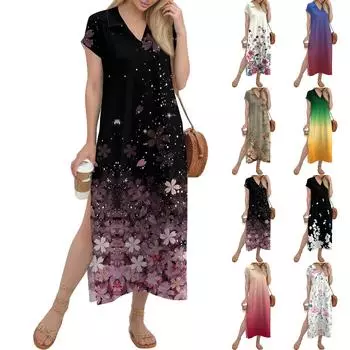 Женское длинное платье-рубашка с V-образным вырезом, повседневное, с коротким рукавом и свободным разрезом XXL