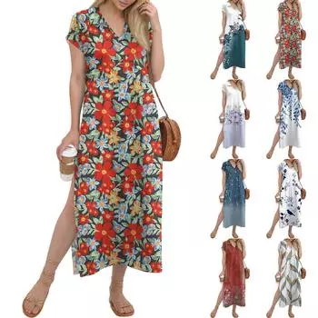 Женское длинное платье-рубашка с V-образным вырезом, повседневное, с коротким рукавом и свободным разрезом XXL