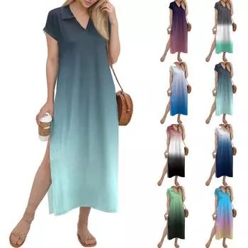 Женское длинное платье-рубашка с V-образным вырезом, повседневное, с коротким рукавом и свободным разрезом XXL