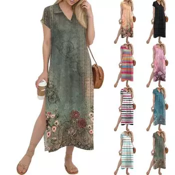 Женское длинное платье-рубашка с V-образным вырезом, повседневное, с коротким рукавом и свободным разрезом M бежевый