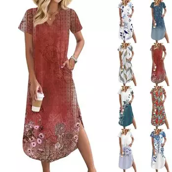 Женское длинное платье-рубашка с V-образным вырезом, повседневное, с коротким рукавом и свободным разрезом S