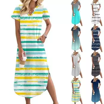 Женское длинное платье-рубашка с V-образным вырезом, повседневное, с коротким рукавом и свободным разрезом L