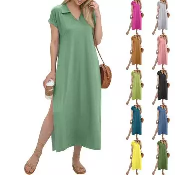 Женское длинное платье-рубашка с V-образным вырезом, повседневное, с коротким рукавом и свободным разрезом M фиолетовый