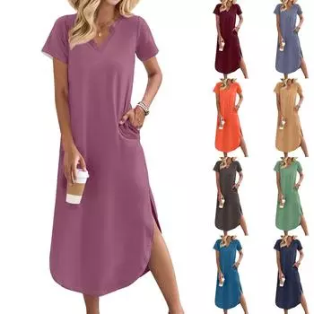 Женское длинное платье-рубашка с V-образным вырезом, повседневное, с коротким рукавом и свободным разрезом S красный