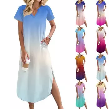 Женское длинное платье-рубашка с V-образным вырезом, повседневное, с коротким рукавом и свободным разрезом XXL