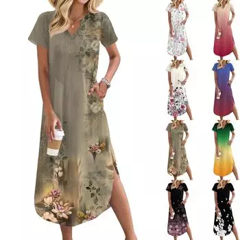 Женское длинное платье-рубашка с V-образным вырезом, повседневное, с коротким рукавом и свободным разрезом L красный