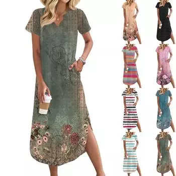 Женское длинное платье-рубашка с V-образным вырезом, повседневное, с коротким рукавом и свободным разрезом L