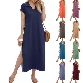 Женское длинное платье-рубашка с V-образным вырезом, повседневное, с коротким рукавом и свободным разрезом S белый