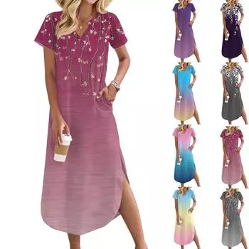 Женское длинное платье-рубашка с V-образным вырезом, повседневное, с коротким рукавом и свободным разрезом M