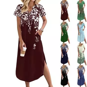 Женское длинное платье-рубашка с V-образным вырезом, повседневное, с коротким рукавом и свободным разрезом XL розовый