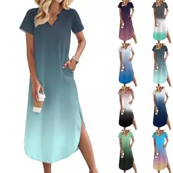 Женское длинное платье-рубашка с V-образным вырезом, повседневное, с коротким рукавом и свободным разрезом L