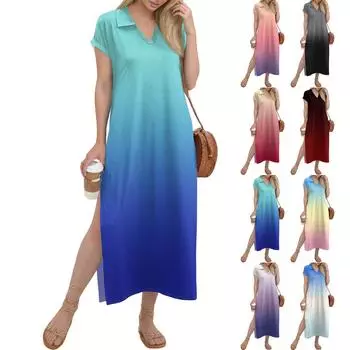Женское длинное платье-рубашка с V-образным вырезом, повседневное, с коротким рукавом и свободным разрезом S