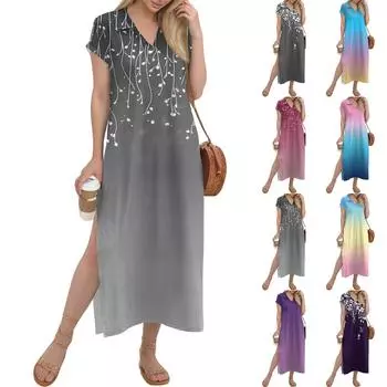 Женское длинное платье-рубашка с V-образным вырезом, повседневное, с коротким рукавом и свободным разрезом M