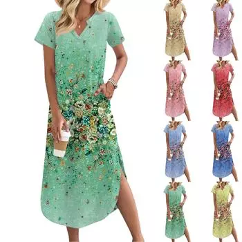 Женское длинное платье-рубашка с V-образным вырезом, повседневное, с коротким рукавом и свободным разрезом XXL