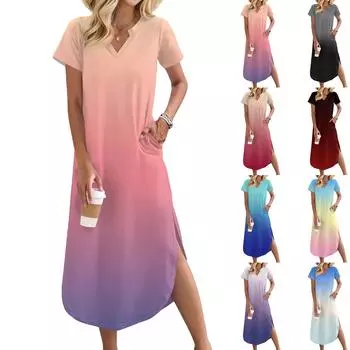Женское длинное платье-рубашка с V-образным вырезом, повседневное, с коротким рукавом и свободным разрезом XL