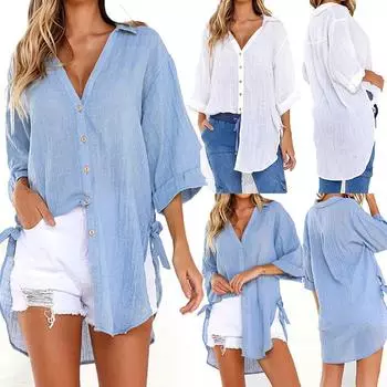 Женское длинное платье-рубашка со свободными пуговицами, хлопковые женские повседневные топы, футболка, блузка 2XL синий