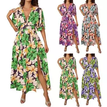 Женское длинное платье с цветочным принтом и эластичной талией, v-образным вырезом, короткими рукавами, платья L синий