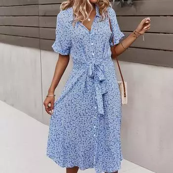 Женское длинное платье с цветочным принтом, винтажное бандажное однобортное пляжное платье с v-образным вырезом, женское платье в стиле бохо с короткими рукавами и пуговицами, Vestidos M чёрный