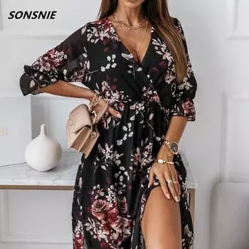 Женское длинное платье с цветочным принтом, летнее сексуальное платье в стиле бохо с v-образным вырезом и половиной рукава, женское винтажное повседневное платье макси с разрезом по бокам, большой подол