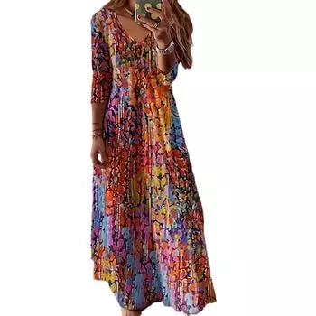 Женское длинное платье с длинными рукавами и V-образным вырезом, больших размеров с принтом 4XL красный