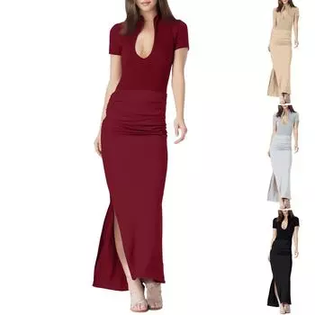 Женское длинное платье с глубоким V-образным вырезом и короткими рукавами, однотонное, плиссированное L бежевый